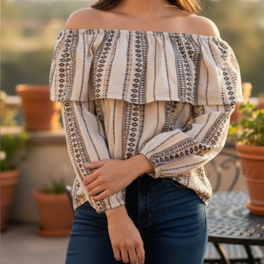 Reba Off-Shoulder Patterned BOHO Peasant Western Blouse 3/4 Sleeve Size Small